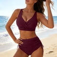 thumbnail image 2 of Miluxas Womens 2 Piece Solid Color Wrap Bikini Set V Neck Wide Straps High Waist Drawstring Ruched Vacation Bathing Suit Wine, 2 of 7