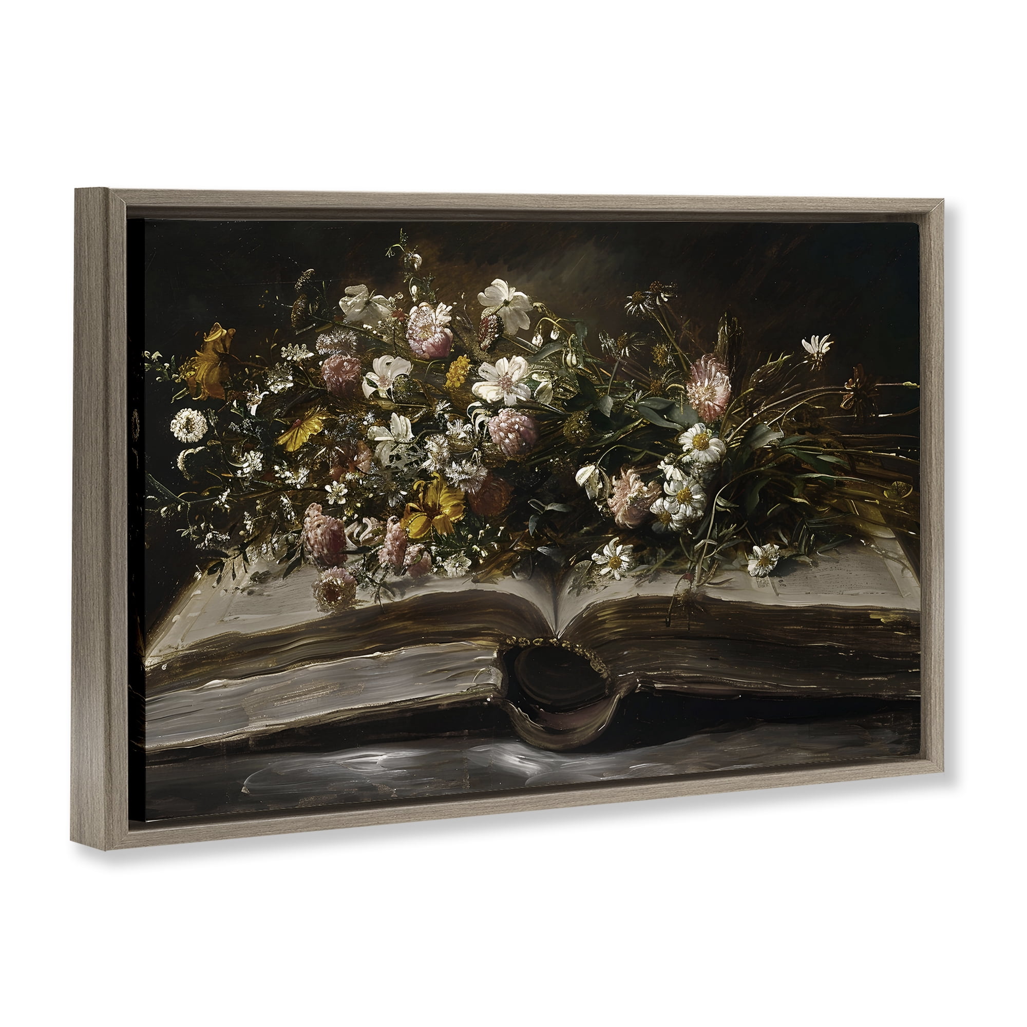 Stupell Industries Antique Floral Open Book Brown Framed Floater Canvas Wall Art, design by Jacky Ngan