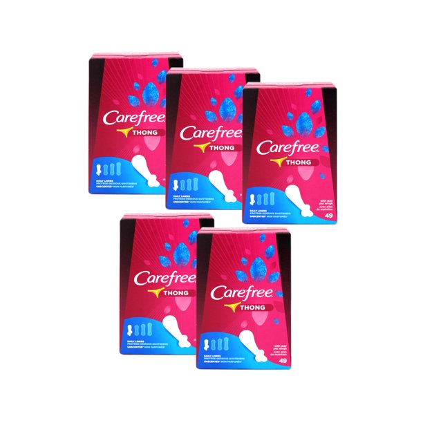 5 Pack Carefree Thong Panty Liners with Wings, Regular, Unscented, 49