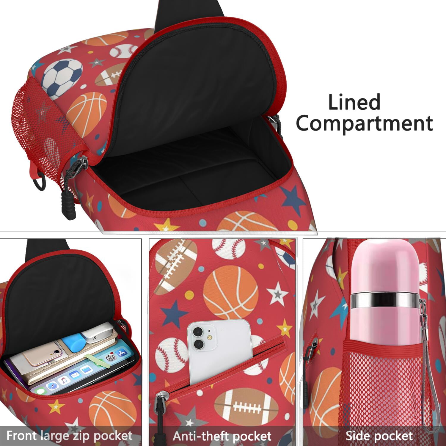 Sports Sling Bag for Men & Women Lightweight Crossbody Chest Backpack with Baseball Print, Anti-Theft Design Durable Daypack for Hiking, Biking, Travel