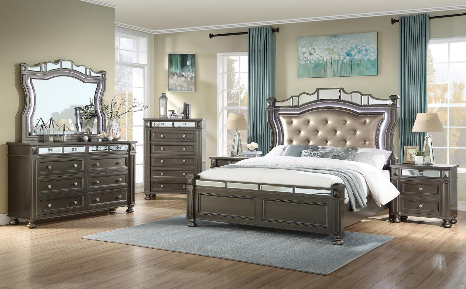 Coffee Finish Wood King Bedroom Set 6Pcs Contemporary Cosmos Furniture