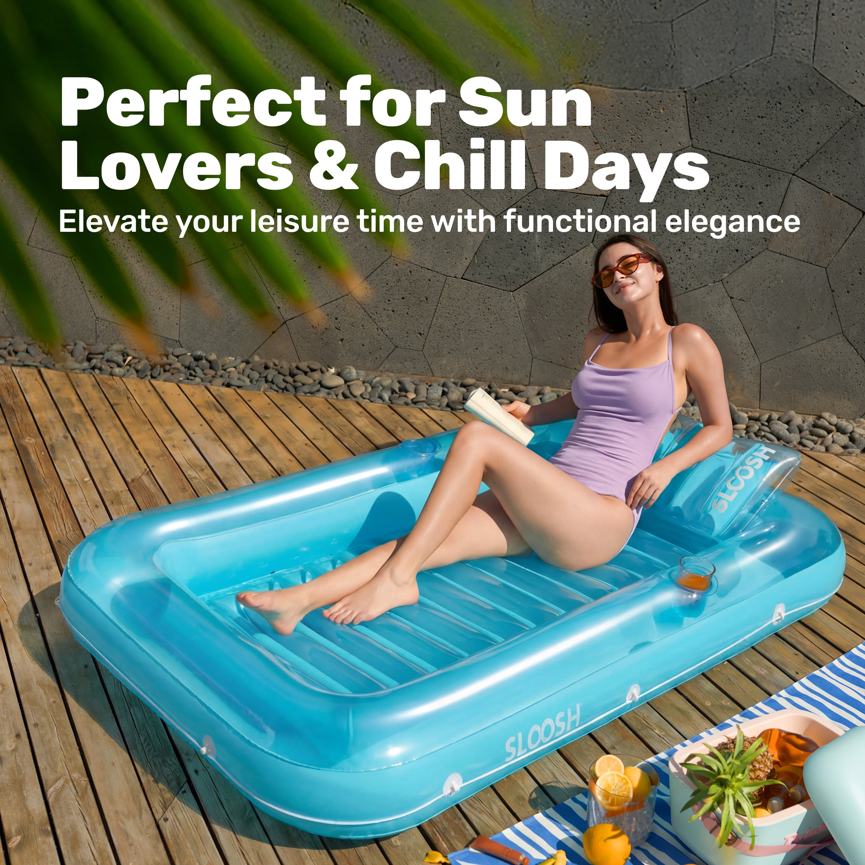 SLOOSH Inflatable Tanning Pool Lounger Float, 70" x 46" Large Suntan Tub with Pillow, Water Raft Float For Kids & Adults, L-Blue