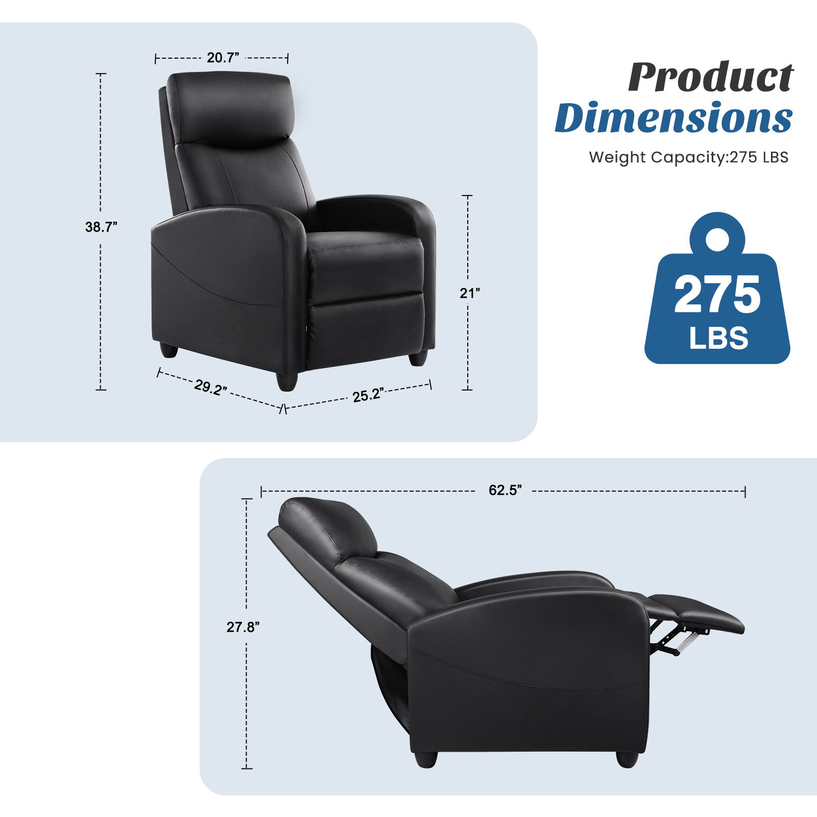 JIOABL Recliner Sofa, Adjustable Comfort Footrest for Living Room, Lounge, Bedroom, Black