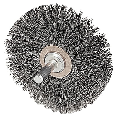 

Stem-Mounted Narrow Conflex Brush 2 in dia x 3/8 in W Face 0.006 in Steel 20000 RPM 1/4 in Stem | Bundle of 2 Each