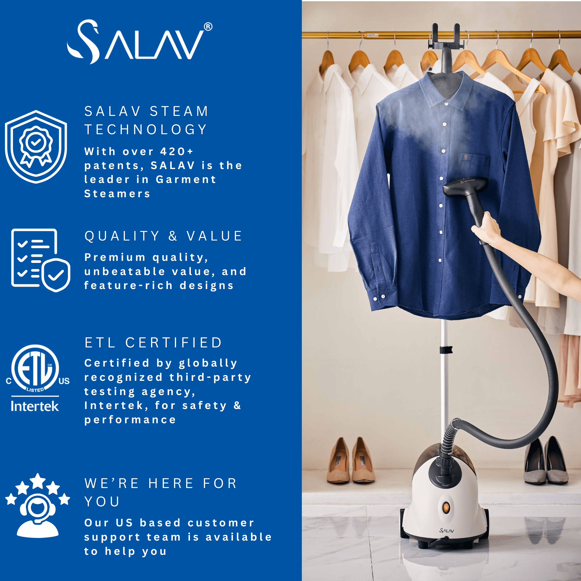 Open Box SALAV Continuous Steam Upright Standing Garment Steamer with Extra Large Water Tank White