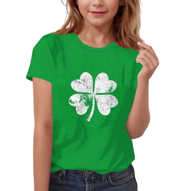 RXMEKW T-Shirt de la Saint-Patrick pour Enfants Manches Courtes Col Rond Haut Graphique Décontracté avec Imprimé Trèfle pour Garçons et Filles