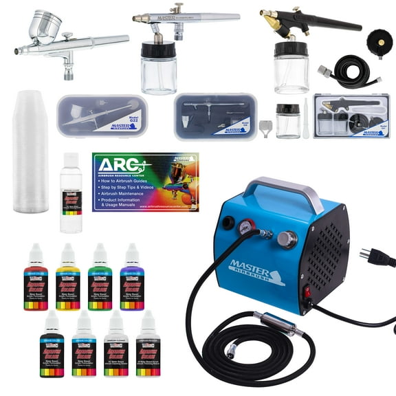 Master Multi-Purpose Professional Airbrushing System with 3 Airbrushes & Deluxe Compressor w/ 6 U.S. Art Supply Colors