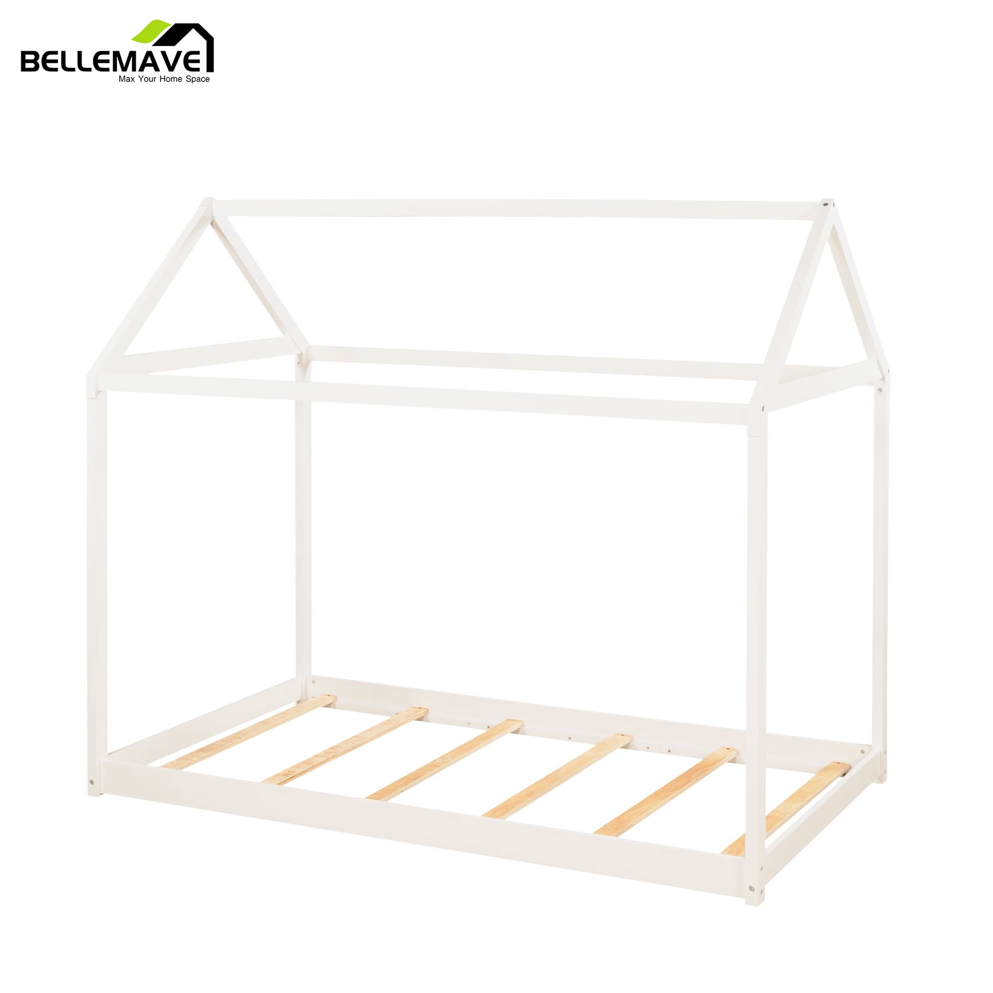 Bellemave Wood Twin Size  House Bed Frame, Montessori Floor Bed, No Box Spring Needed (White)