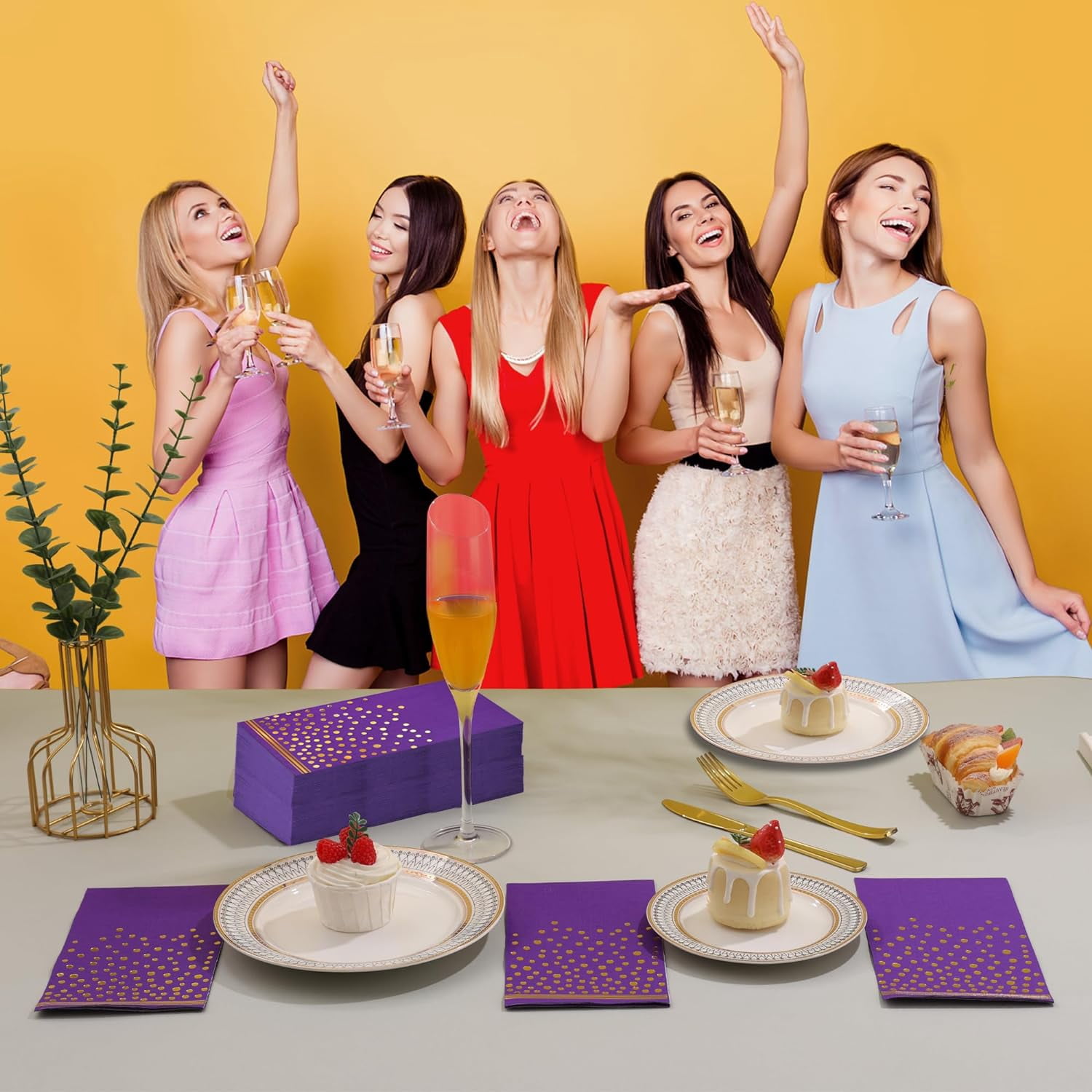 100 Pcs Purple Paper Napkins Disposable - Purple Gold Dot Dinner Party Napkins for Bathroom Wedding Anniversary Birthday Mardi Gras Party Supplies