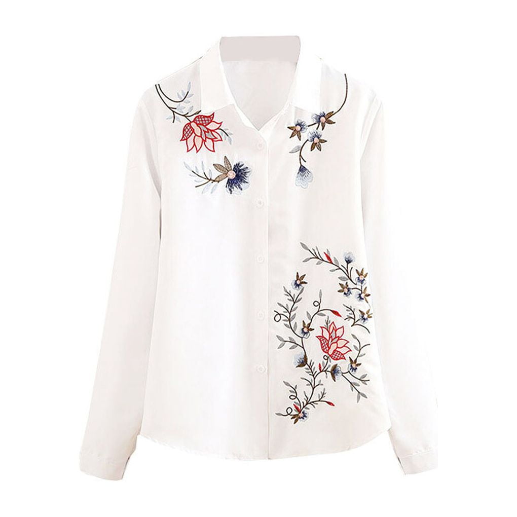 Casual Ladies Shirts Fashion Plus Size White Flower Embroidery Top