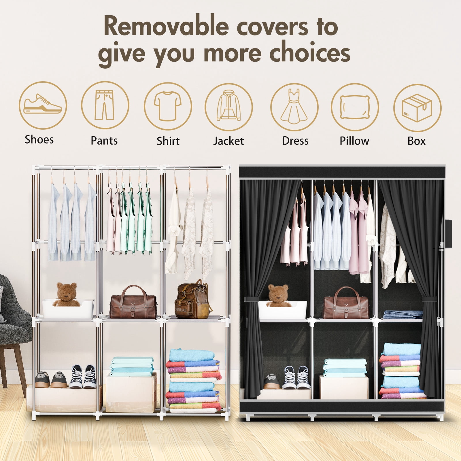 Portable Closet Organizer, Hanging Clothing Rack Shelf, Dustproof Non-woven Fabric Wardrobe Closet Storage, Black