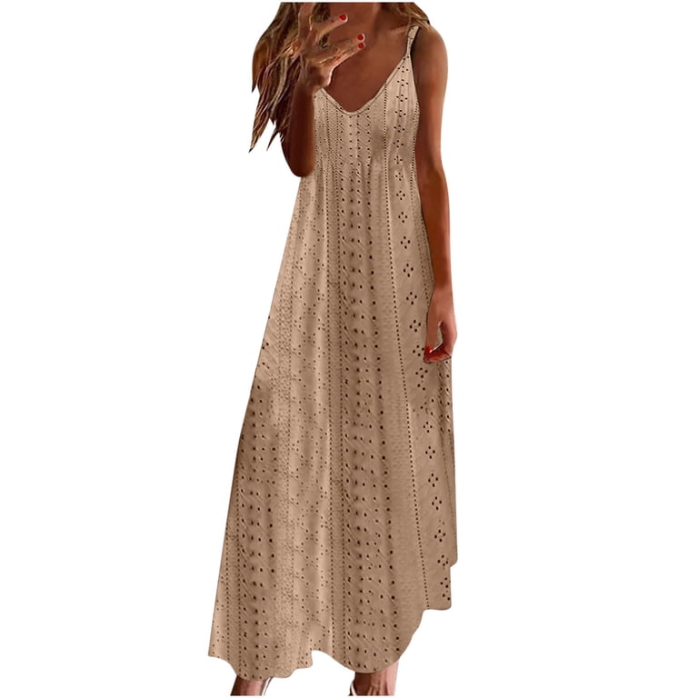 Jacenvly New Formal Dresses for Women Casual Holiday Style Hollow Out Long Dress Solid Color Loose Sleeveless V-Neck Camisole Dress Quick Drying