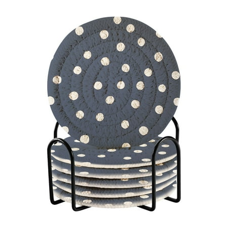 

6-Pack Polyester Coil Coasters with Holder - Heat-Resistant (140℃) Non-Slip & Durable，White Polka Dot