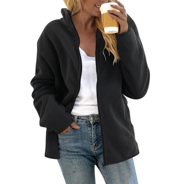WEIYLL Womens Fleece Jacket Charging Pocket Plush Insulation Cardigan Black Going Out Fall Tops Size M