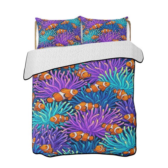 Quilts Queen Size Bedding Set, Clownfish Coastal Reversible Summer Quilt 3 Pieces, Nautical Ocean Sea Anemones Coral Lightweight Bedspreads Coverlets with 2 Pillow Shams for All Seasons