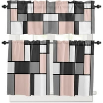 3 Piece Blush Pink Art Abstract Square Kitchen Curtains, Tier and Valance Rod Pocket Window Curtains Set Geometric Gray White Cafe Curtains for Kitchen Valances Window Treatment 54X18in 27x36in×2