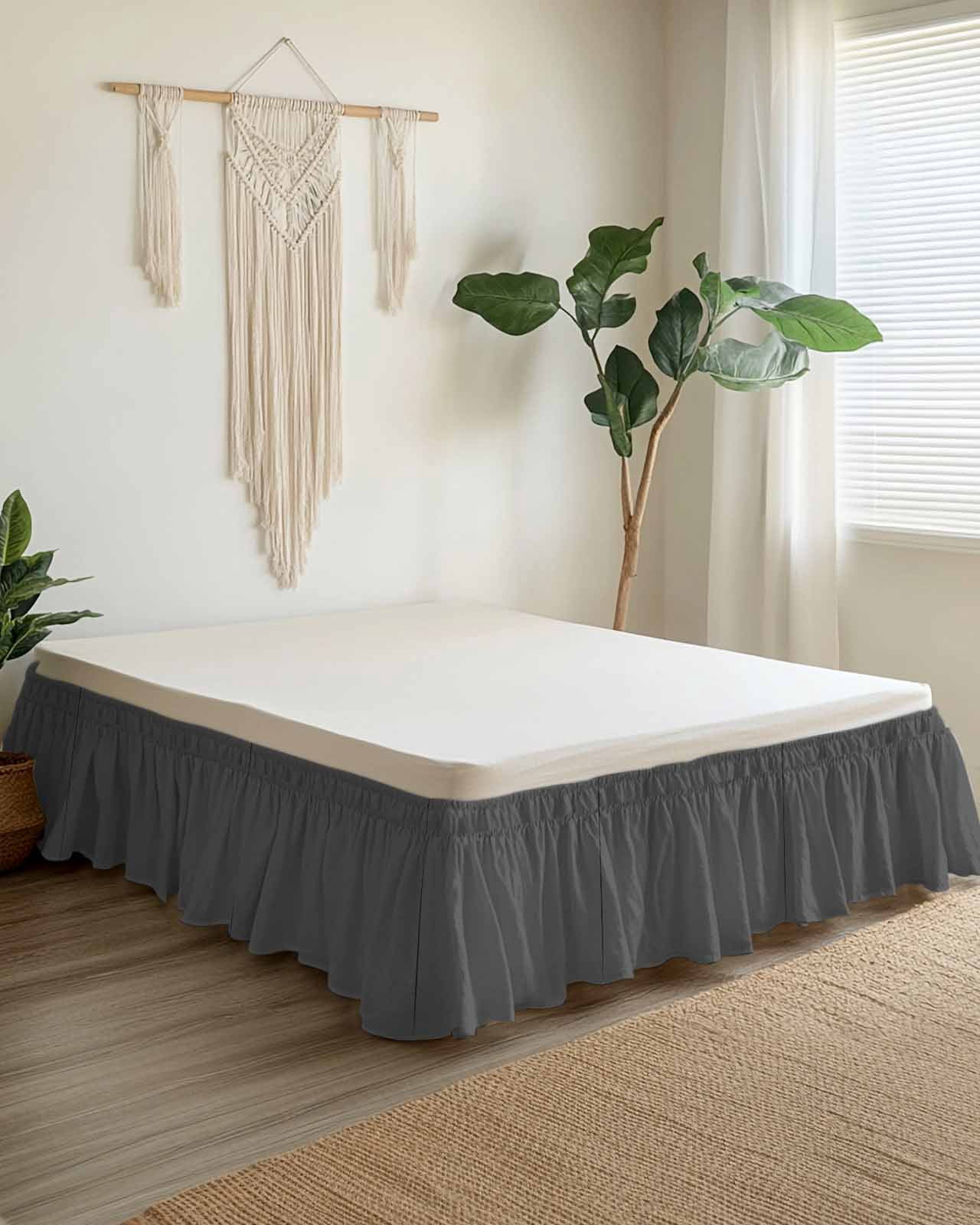 Dark Gray Bed Skirt Solid Color Bed Skirts California King Size 18 Inch Drop, Wrap Around Dust Ruffle&nbsp;Bedskirt with Adjustable Elastic Belt for Queen Size Beds