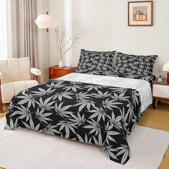 jejeloiu Gray Rustic Leaf Twin Sheet Sets,Tropical Botanical Bedding For Adults 3 Pieces
