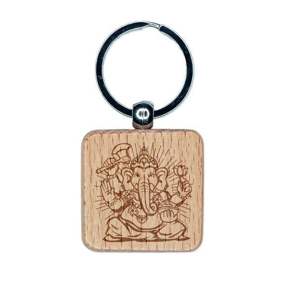 Ganesha Hindu Indian Elephant God Deity Square Keychain Charm Tag - Engraved Wood