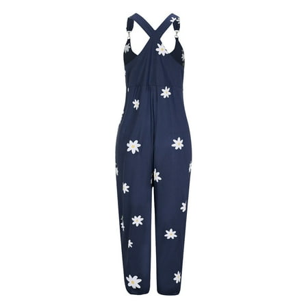 

RUIKAR Women Fashion Floral Print O-Neck Rompers Pocket Playsuit Casual Long Jumpsuit Women s Jumpsuit Navy L