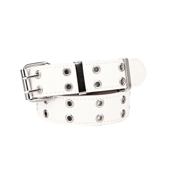Women Belt Double Grommet Belt Alloy Leather Jeans Women Grommet Belt Eyelet WaistBand, White, Without Chain