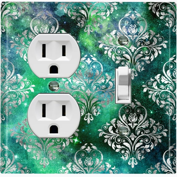 Metal Light Switch Plate Cover Elegant Teal Gray Damask DAM051
