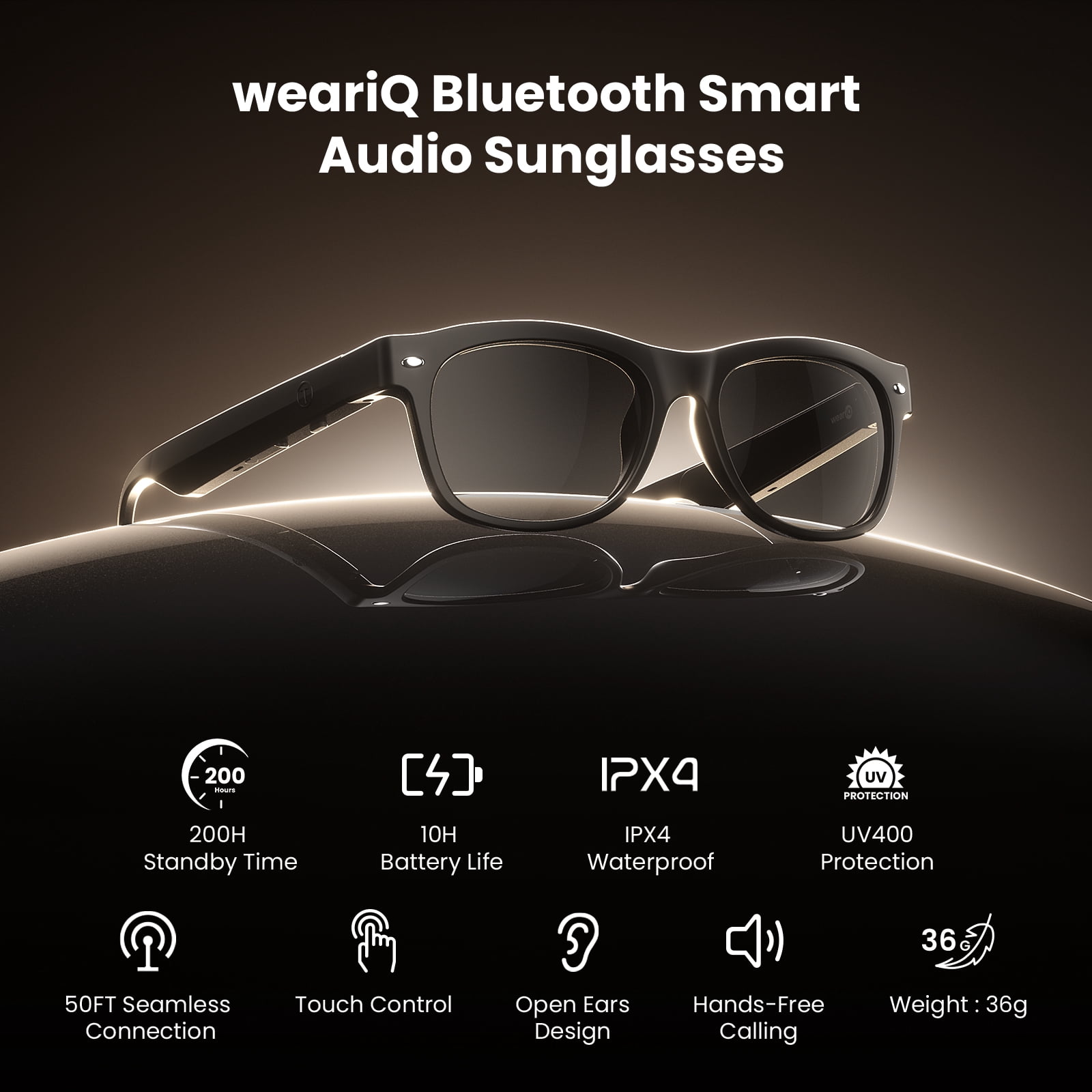 WeariQ Bluetooth Smart Glasses – Matte Black Audio Sunglasses – Black Polarized Lenses, Open-Ear Speaker, 10-Hour Playtime, Hands-Free Calls, Voice AssistantHands-Free Calls & Music