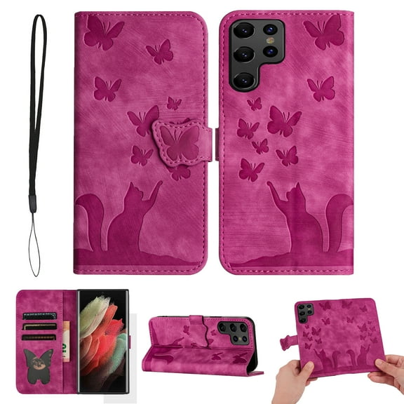 Wallet Case Designed for Samsung Galaxy S23 Ultra for Women,Flip Folio Cover with Butterfly Embossed PU Leather Kickstand Credit Card Holder Slots Magnetic Wrist Strap Phone Case, Rose
