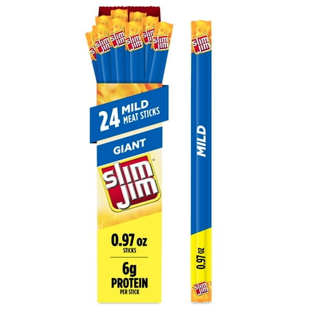 Slim Jim Giant Smoked Meat Sticks, Mild Flavor, 6g Protein Per Stick, 0.97 oz. (24-ct)