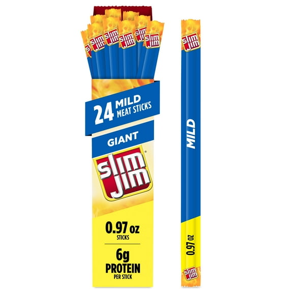 Slim Jim Giant Smoked Meat Sticks, Mild Flavor, 6g Protein Per Stick, 0.97 oz. (24-ct)
