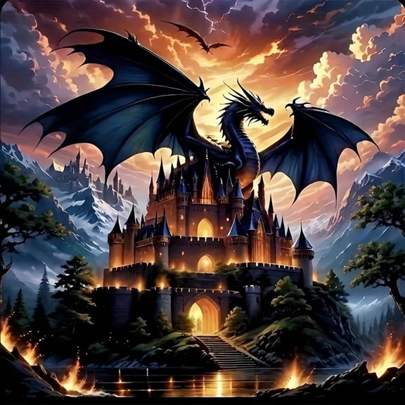 5D Diamond Art Kits for Adults Beginners Dragon Castle，DIY Full Round Drill Diamond Painting Kits for Home Wall Decor 12 X12 Inch