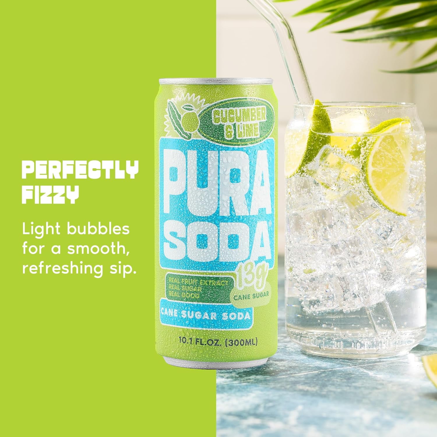 PuraSoda® Cucumber & Lime | Low-Calorie, Cane Sugar Soda Beverage | Non-GMO, Vegan | Made with Pure Cane Sugar, No Preservatives | 10.1 fl oz (300ml) Cans, 24-Pack