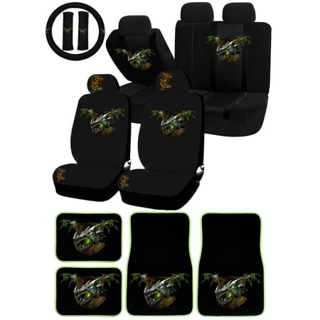 26PC Earth Dragon Green Nature Element Universal Seat Covers & Carpet Floor Mats Set Car Truck SUV