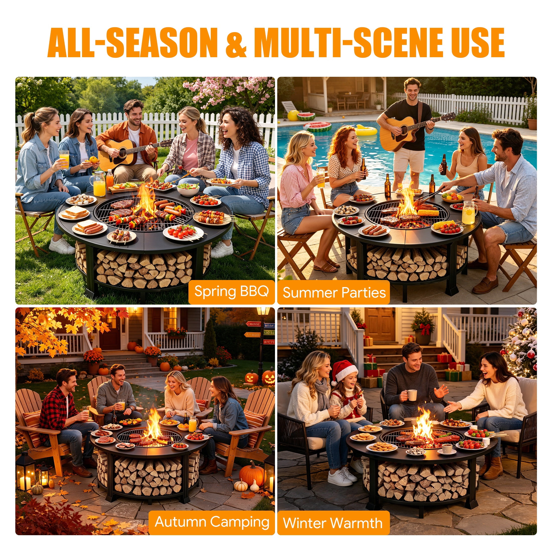 Outdoor Fire Pit, SHINPT 38” Round Wood Burning Fire Pit Table, Outdoor Patio Bowl with Grill Grate, Spark Screen Lid, Poker Tool and Waterproof Cover, for Patio, Backyard, Garden and Camping