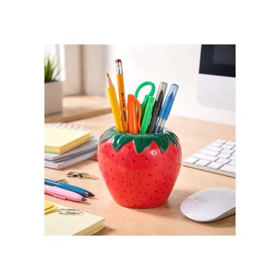 Decorative Ceramic Strawberry Pencil Cup for Desk Organization - Small Desktop Office Storage Organizer for Workspace Decor - Modern Desk Accessory for Home Decor Display - 4", Red & Green