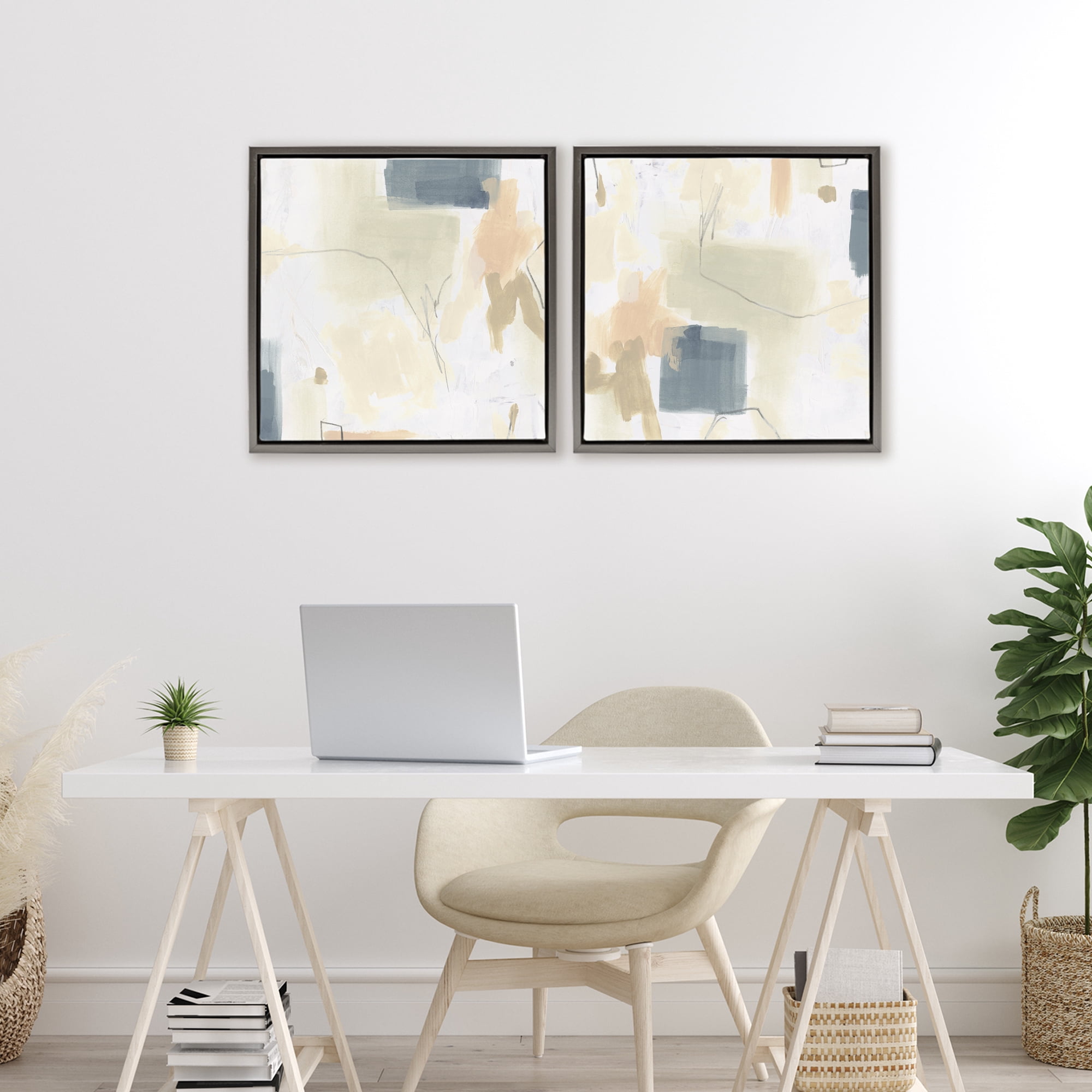 Stupell Industries Muted Plaster Line 2 Piece Gray Framed Floater Canvas Set, design by June Erica Vess