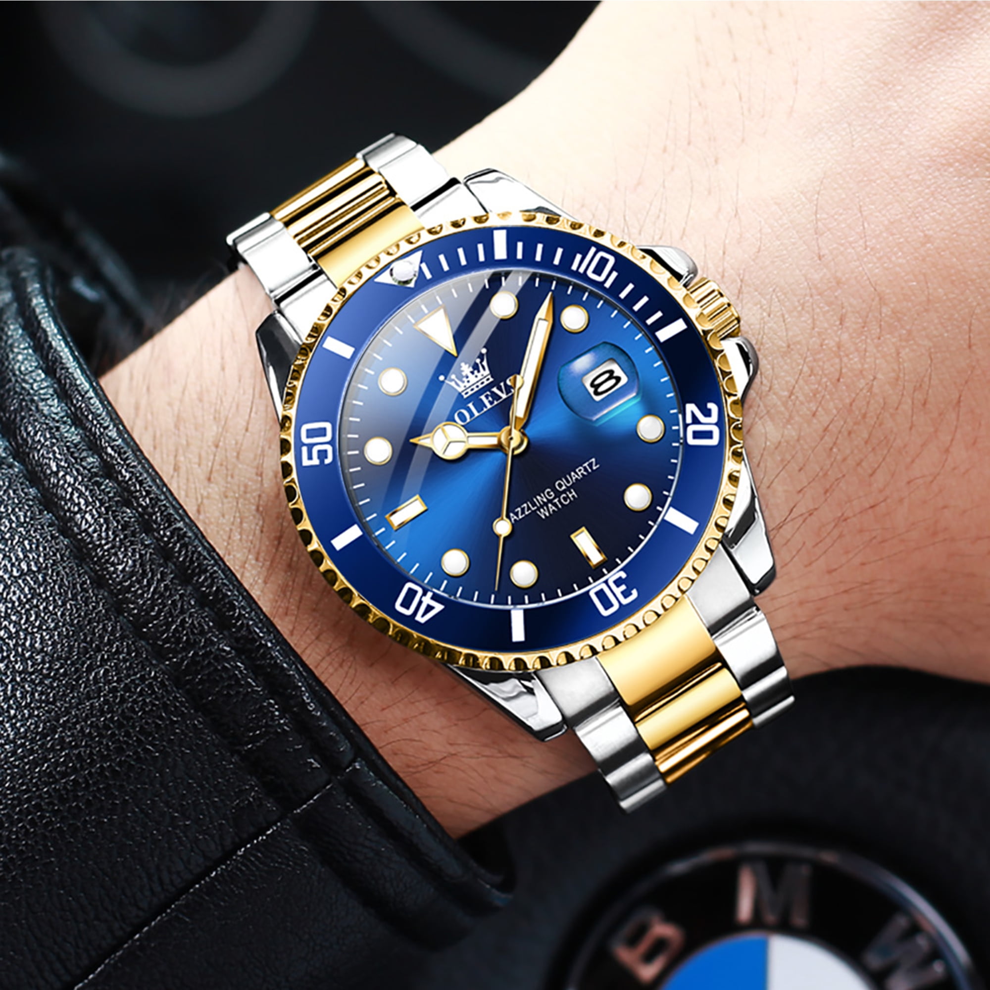 OLEVS Watches for Men Luxury Classic Dress Analog Quartz Fashion Two Tone Gold Plated Stainless Steel Date Waterproof Luminous Mens Wrist Watches Reloj Para Hombre Green/Black/Blue