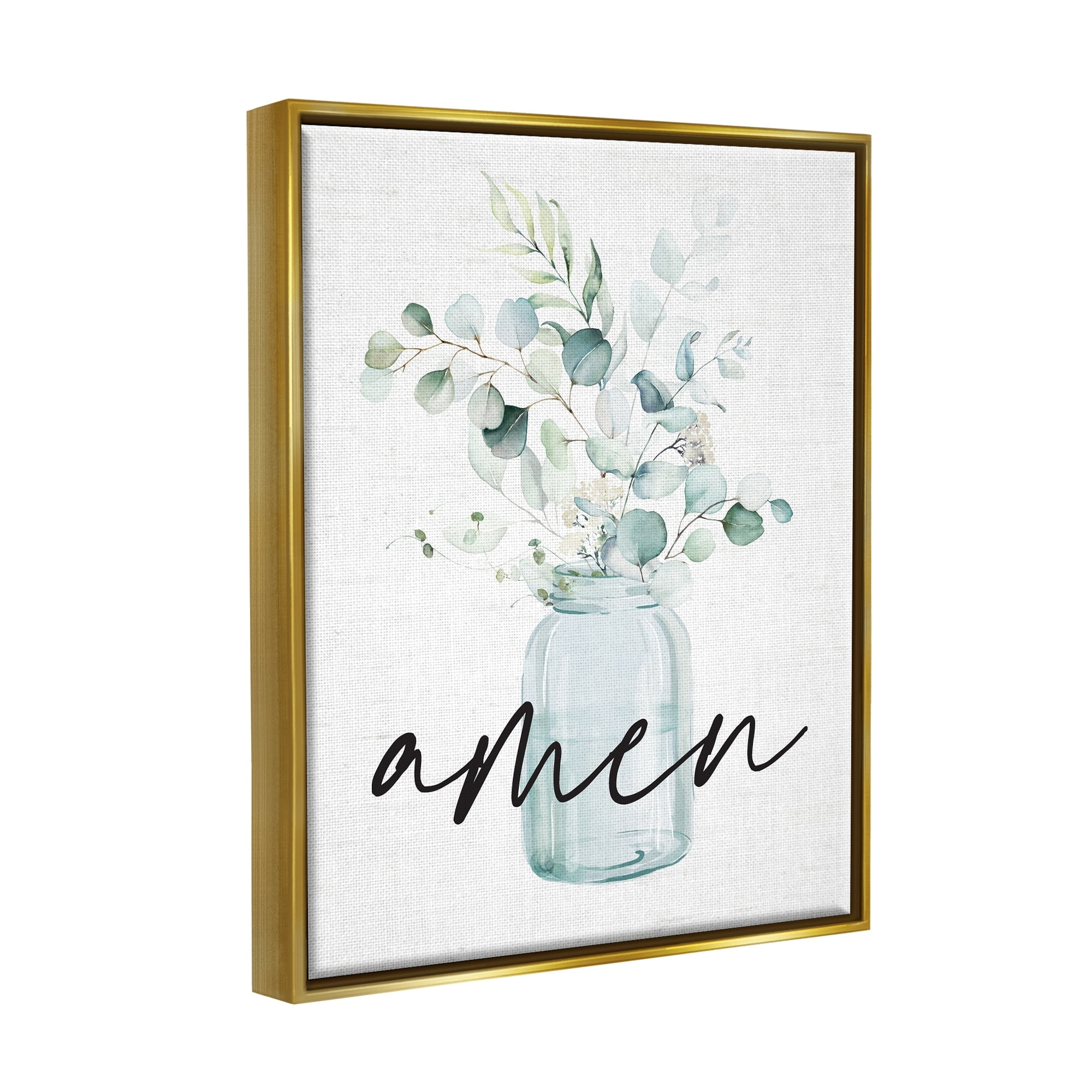 Stupell Industries Amen Religious Calligraphy Eucalyptus Botanicals Country Jar Graphic Art Metallic Gold Floating Framed Canvas Print Wall Art, Design by Lettered and Lined