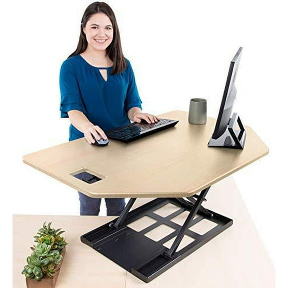 stand steady x-elite pro corner standing desk | 40 inch corner sit to stand desk converter ideal for cubicles and l shaped desks! easy height-adjustable and fully assembled! (maple)