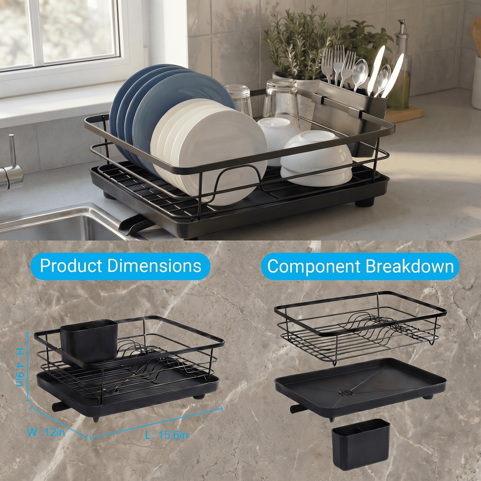 Metal Dish Drying Rack for Kitchen Counter (15.6" × 12") — Black Coated Metal with Removable Utensil Holder & Swivel Drainboard