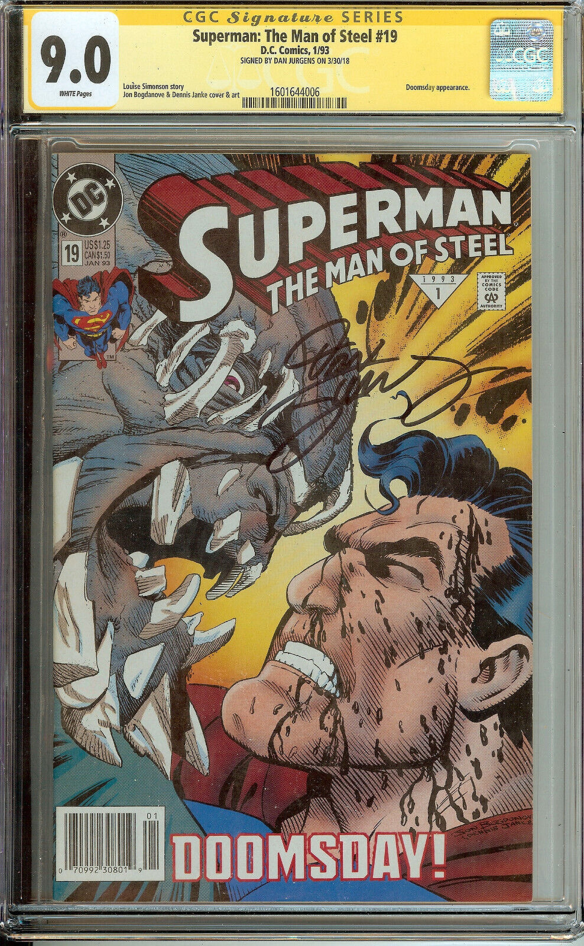 Superman Man of Steel #19 CGC 9.0 Signed Dan Jurgens