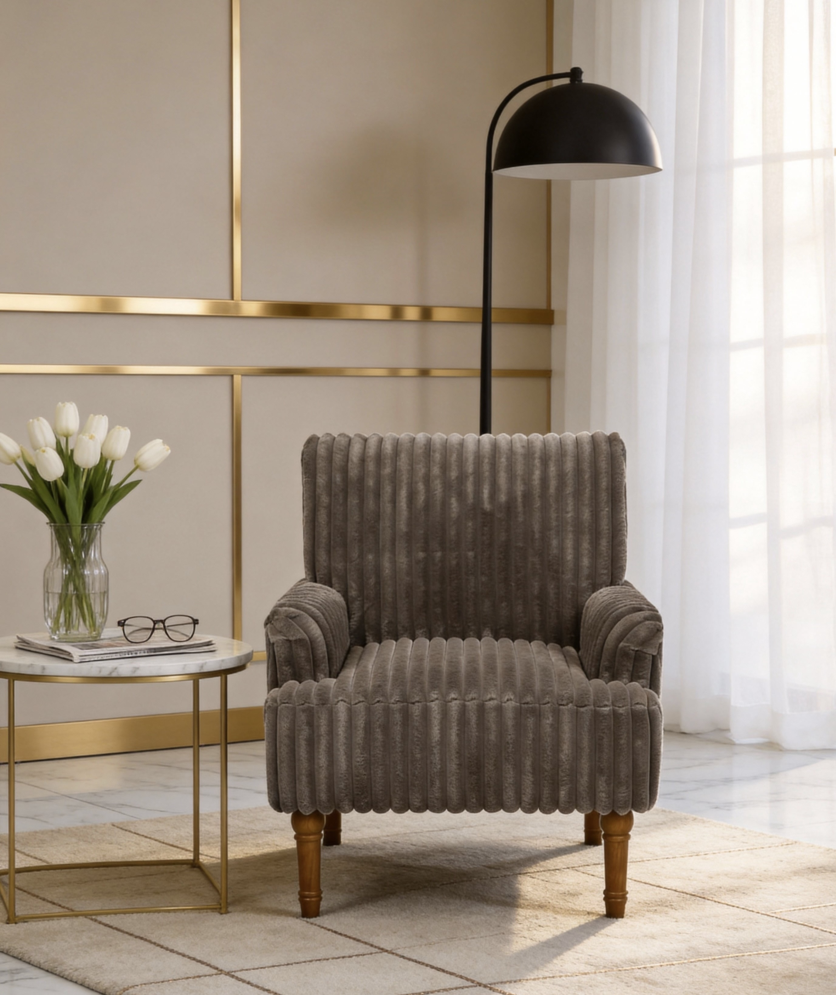Modern Accent Chair with Wide Wale Corduroy, 9 Inch Solid Wood Legs, Upholstered Armchair with Thick High-Density Foam Cushion for Living Room, Dark Coffee