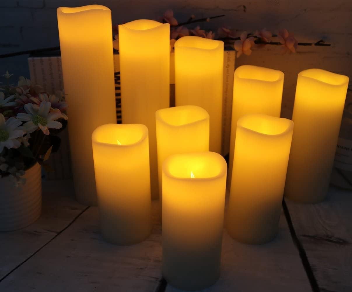 antizer Flameless Candles Led Pack of 9 (H 4" 5" 6" 7" 8" 9" x D 2.2") Real Wax Battery with Remote Timer for Home Fireplace Decor Wedding Festival (Ivory Pack)