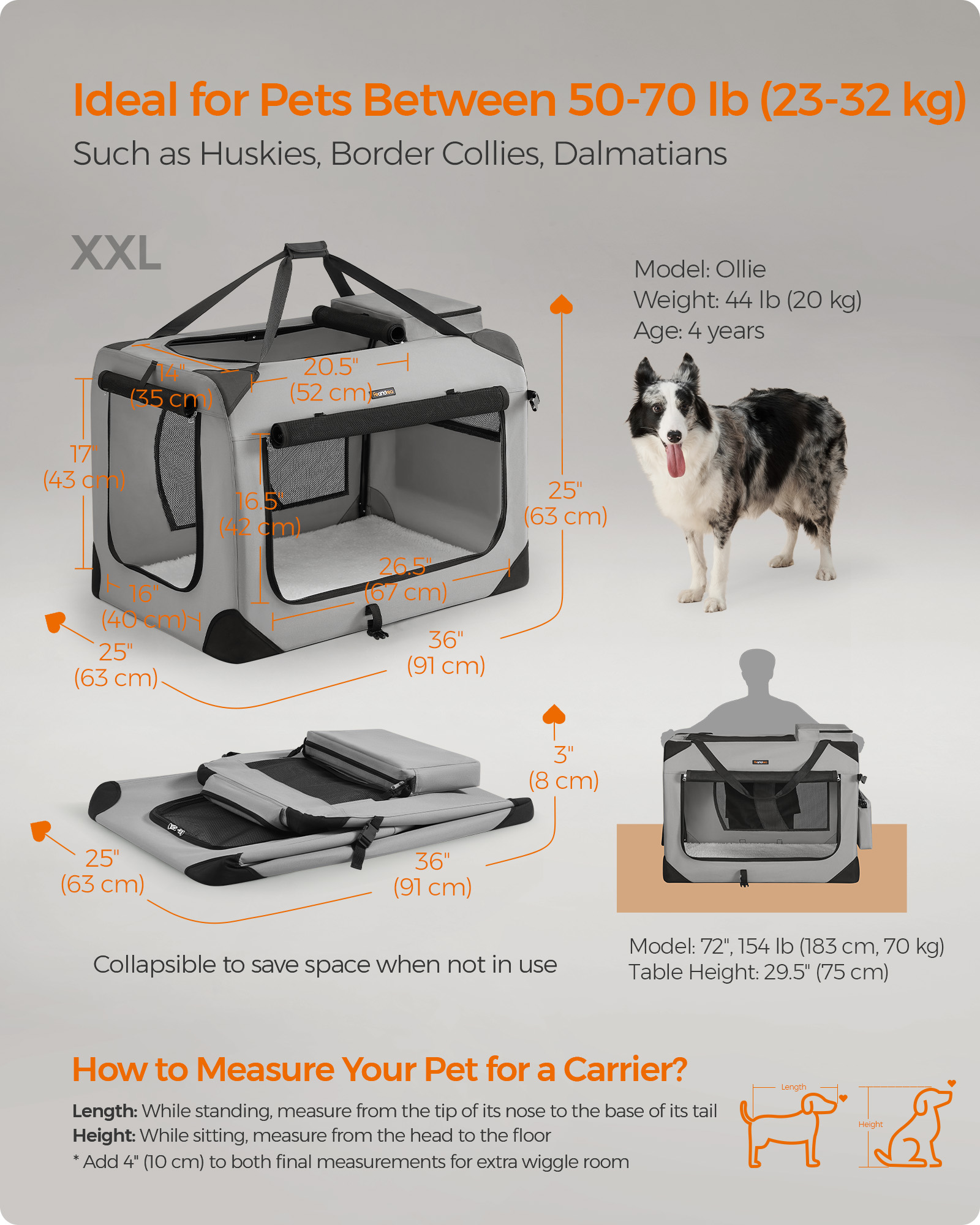 36 Inches Collapsible Soft Dog Crate, Portable Travel Dog Crate for Indoor and Outdoor Use, Dog Carrier Kennel with Safety Zippers, for Living Room, Car, Travelling, Smoke Gray
