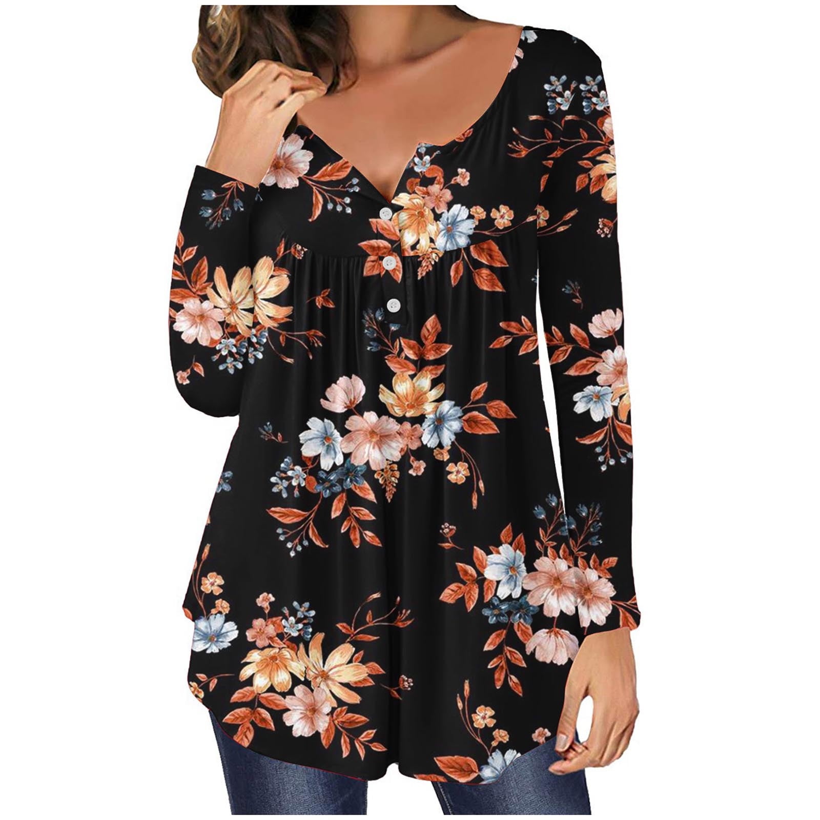 Womens Long Sleeve Button T-Shirt Blouse Tee Floral Tops V-Neck Loose  Casual US