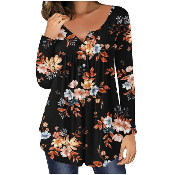Henley Tunic Tops for Women Hide Belly Tunic Floral Print Blouse Front Pleated Shirts Long Sleeve Christmas Shirts Tops