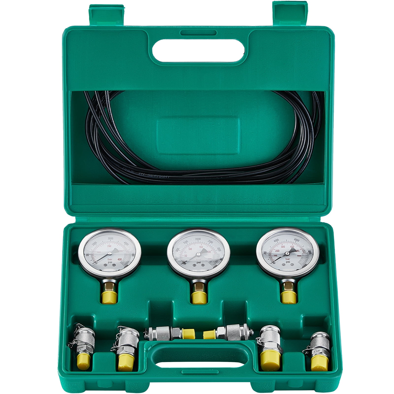 KFFKFF Hydraulic Gauge Test Kit, 250/400/600bar Range, Includes 3 Gauges, 6 Couplings, 3 Hoses, and Carrying Case for Testing Excavator, Tractor, and Construction Equipment Hydraulics