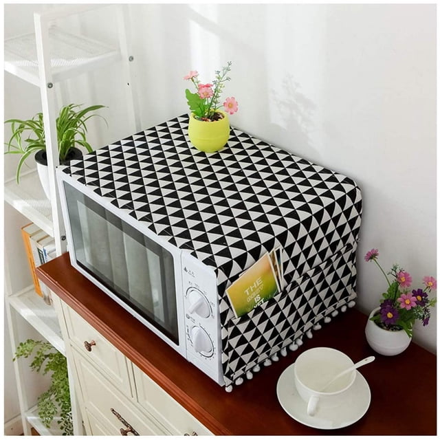 Microwave Oven Cover Dustproof, Cotton Microwave Oven Cover Dust Oil Proof Protection with Side Storage Pockets(Black Triangle)