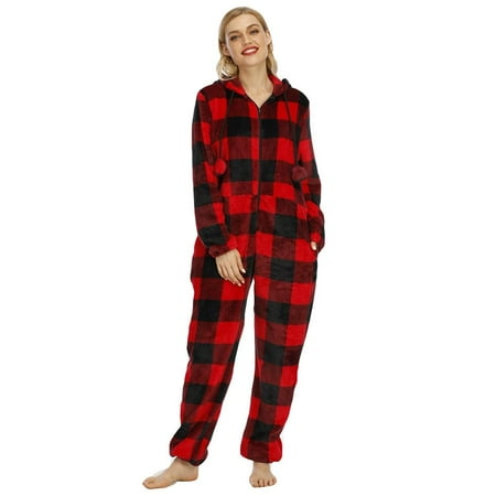 

Women Sleepwear Buffalo Plaid Onesie Pajamas Christmas Fleece One-Piece Pajamas