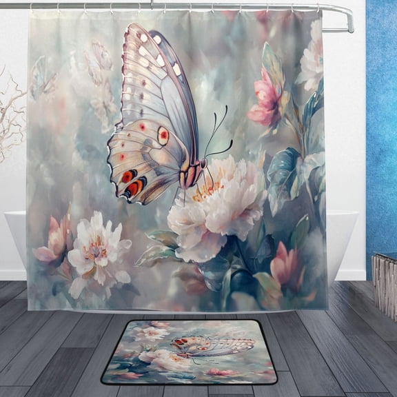 BZSMCE Shower Curtain and Bath Accessory Set,Butterfly on Flowers Pastel Pattern